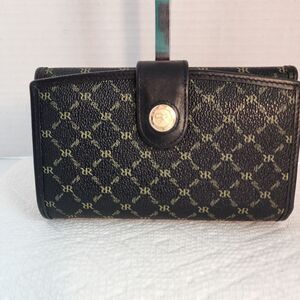 RIONI Piper Multifold Button Wallet Black & Gold Leather Card Slots Snap Closure